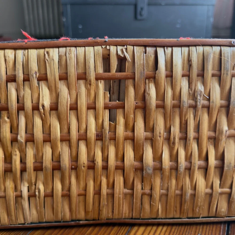 Vintage 70s wicker frame hand embroidered fabric basket tote